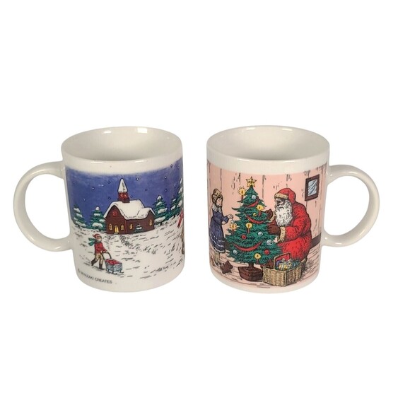 Vintage Christmas Coffee Mug Classic Victorian Santa Claus Winter Scene Set Of 2 - Picture 1 of 6